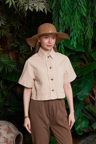 Düğmeli Kısa Kollu Keten Gömlek