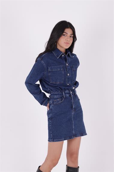 Düğmeli Mini Kot Elbise