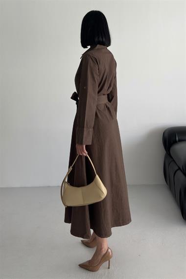 Düğmeli Uzun Boy Kot Elbise