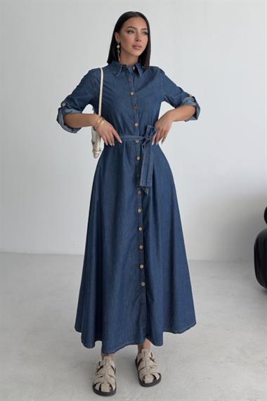 Düğmeli Uzun Boy Kot Elbise