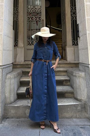 Düğmeli Uzun Elbise