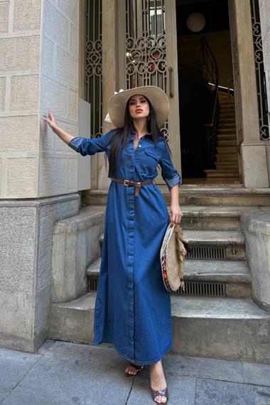 Düğmeli Uzun Elbise