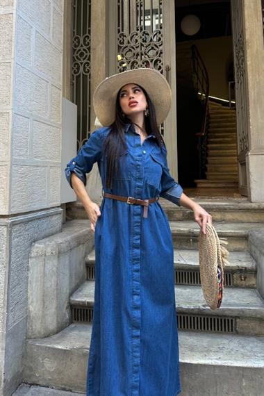 Düğmeli Uzun Elbise