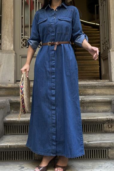 Düğmeli Uzun Elbise