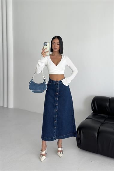 Düğmeli Uzun Kot Etek