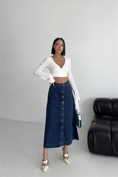 Düğmeli Uzun Kot Etek