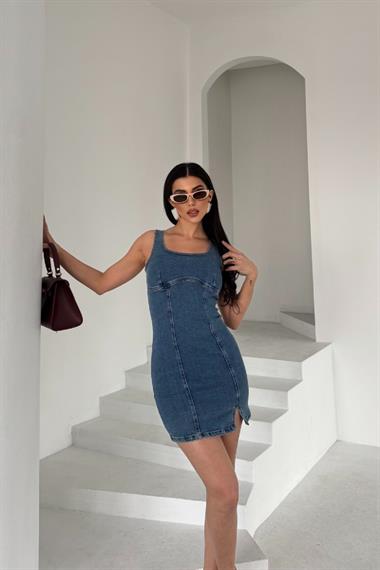 Fermuarlı Mini Kot Elbise