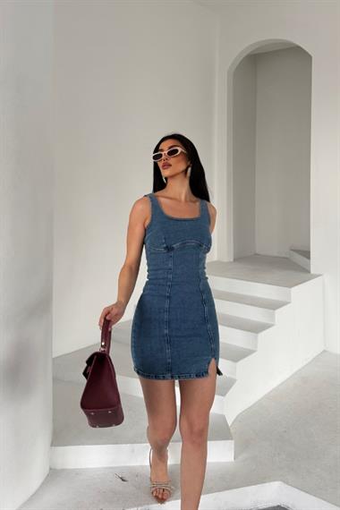 Fermuarlı Mini Kot Elbise