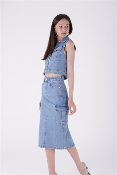 Fermuarlı Mini Kot Yelek