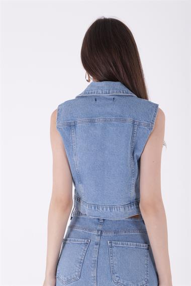 Fermuarlı Mini Kot Yelek