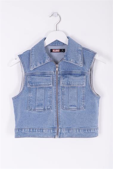 Fermuarlı Mini Kot Yelek