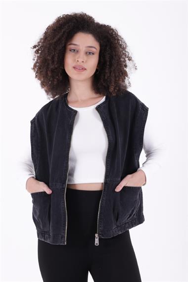 Fermuarlı Oversize Kot Yelek