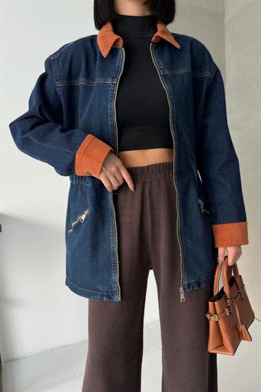 Kadife Detaylı Fermuarlı Kot Ceket