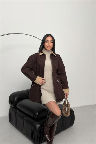 Kadife Detaylı Fermuarlı Kot Ceket 6129