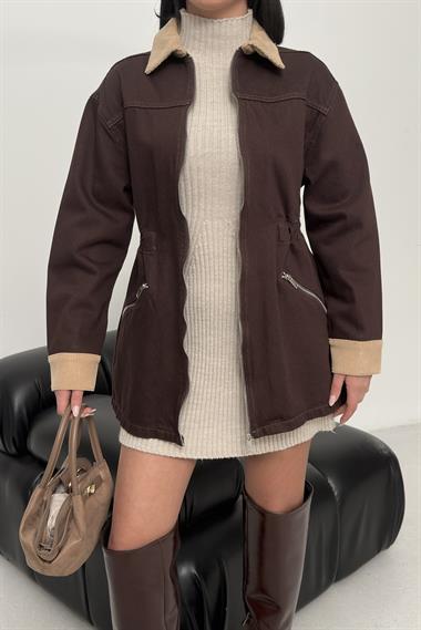 Kadife Detaylı Fermuarlı Kot Ceket 6129