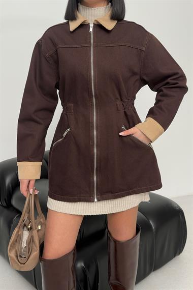 Kadife Detaylı Fermuarlı Kot Ceket 6129