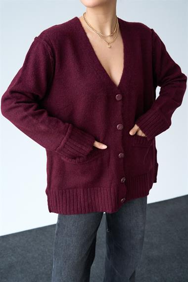 Kadın 5 Düğmeli Cepli Triko Hırka - Bordo