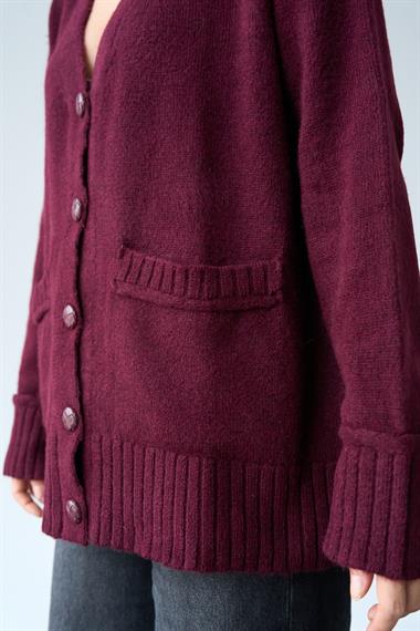 Kadın 5 Düğmeli Cepli Triko Hırka - Bordo