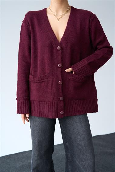 Kadın 5 Düğmeli Cepli Triko Hırka - Bordo