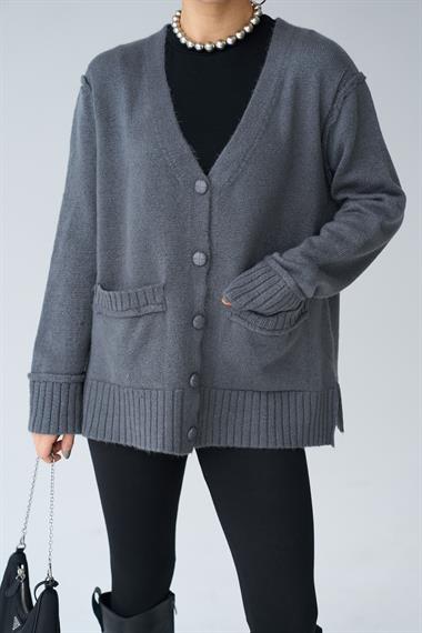 Kadın 5 Düğmeli Cepli Triko Hırka - Füme