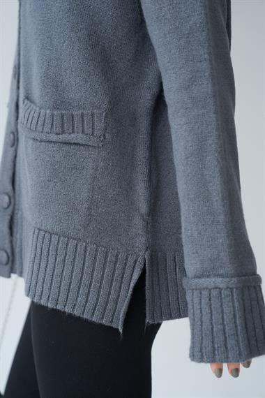 Kadın 5 Düğmeli Cepli Triko Hırka - Füme