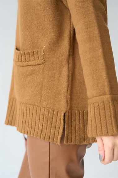 Kadın 5 Düğmeli Cepli Triko Hırka - Karamel