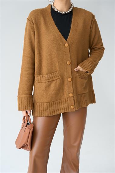 Kadın 5 Düğmeli Cepli Triko Hırka - Karamel
