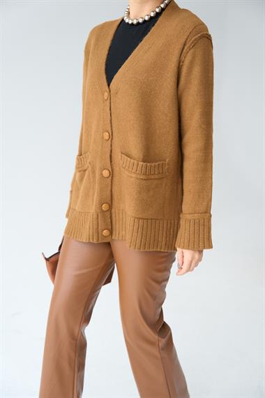 Kadın 5 Düğmeli Cepli Triko Hırka - Karamel