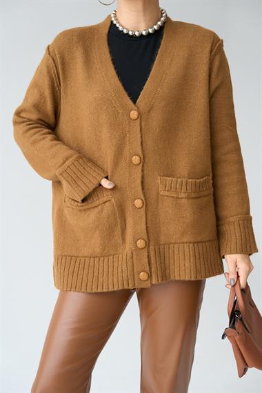 Kadın 5 Düğmeli Cepli Triko Hırka - Karamel