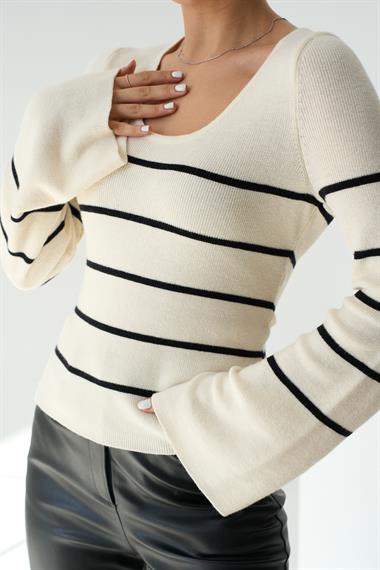 Kadın Aicha İspanyol Kol Çizgili Triko Kazak - Açık Krem-Siyah