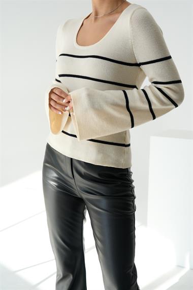 Kadın Aicha İspanyol Kol Çizgili Triko Kazak - Açık Krem-Siyah