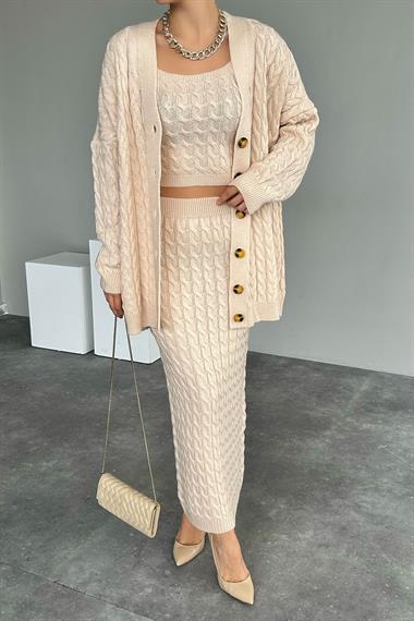Kadın Alina Saç Örgülü Üçlü Triko Hırka Bluz Etek Takım - Vanilya