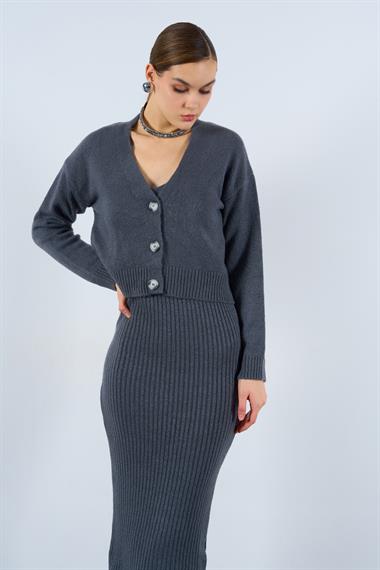Kadın Asonikan Fitilli Triko Elbise Hırka Takım - Füme
