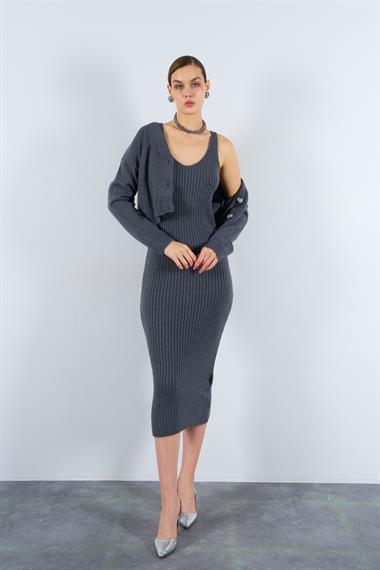 Kadın Asonikan Fitilli Triko Elbise Hırka Takım - Füme
