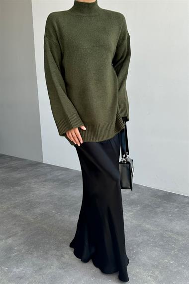 Kadın Belur Yarım Balıkçı Yaka Uzun Triko Kazak - Haki