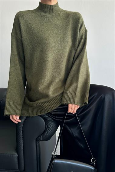 Kadın Belur Yarım Balıkçı Yaka Uzun Triko Kazak - Haki