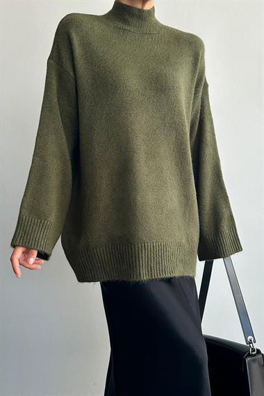 Kadın Belur Yarım Balıkçı Yaka Uzun Triko Kazak - Haki