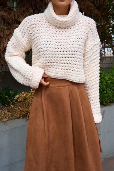 Kadın Bohema Balıkçı Yaka Triko Kazak - Krem