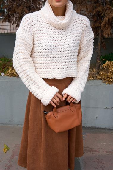 Kadın Bohema Balıkçı Yaka Triko Kazak - Krem