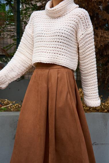 Kadın Bohema Balıkçı Yaka Triko Kazak - Krem