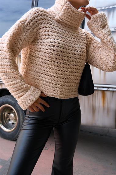 Kadın Bohema Balıkçı Yaka Triko Kazak - Vanilya