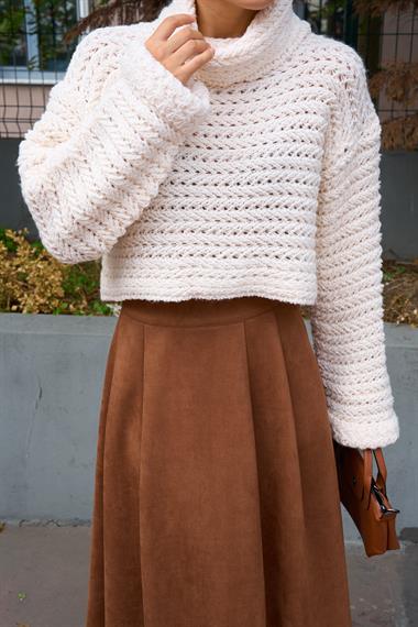 Kadın Bohema Balıkçı Yaka Triko Kazak - Krem