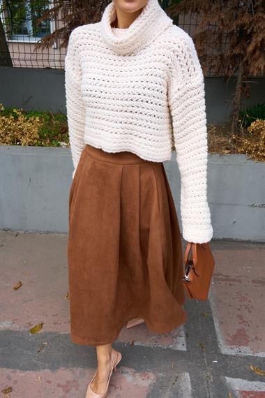 Kadın Bohema Balıkçı Yaka Triko Kazak - Krem