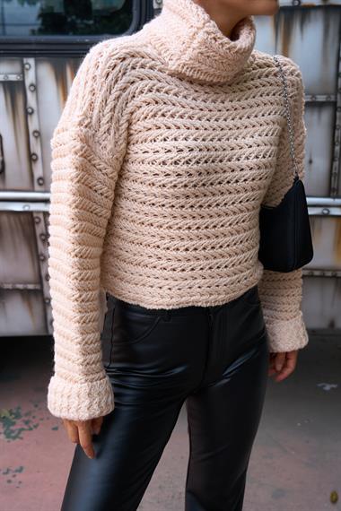 Kadın Bohema Balıkçı Yaka Triko Kazak - Vanilya