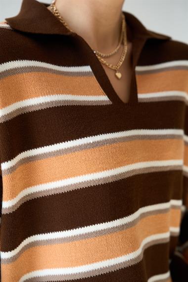 Kadın Camına Polo Yaka Kazak - Acı Kahve-Somon