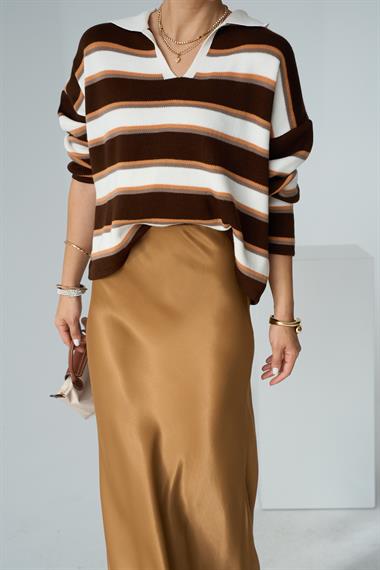 Kadın Camına Polo Yaka Kazak - Acı Kahve-Krem