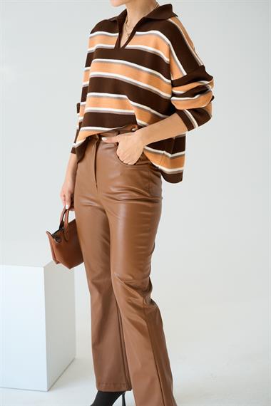 Kadın Camına Polo Yaka Kazak - Acı Kahve-Somon