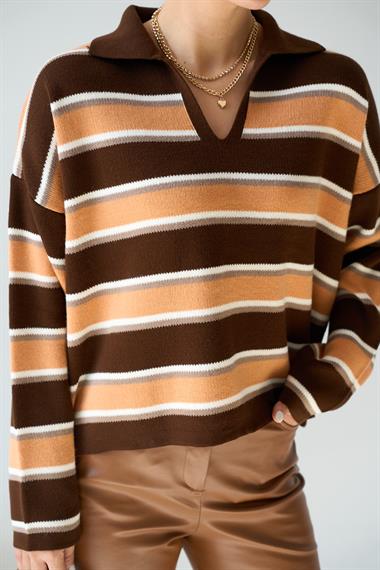 Kadın Camına Polo Yaka Kazak - Acı Kahve-Somon