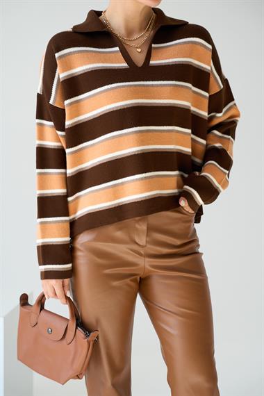 Kadın Camına Polo Yaka Kazak - Acı Kahve-Somon