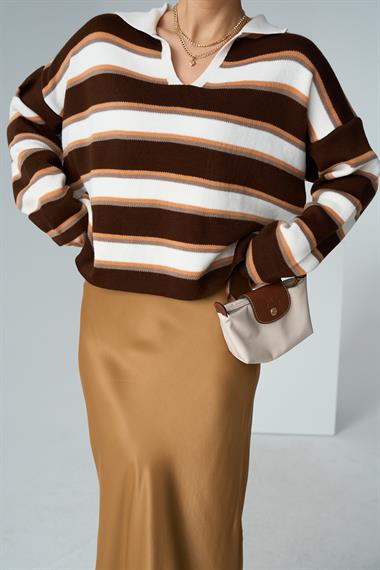 Kadın Camına Polo Yaka Kazak - Acı Kahve-Krem